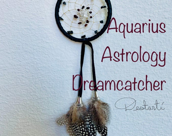 Aquarius 3" Astrology Dreamcatcher with black deerskin, hematite, garnet, and clear quartz