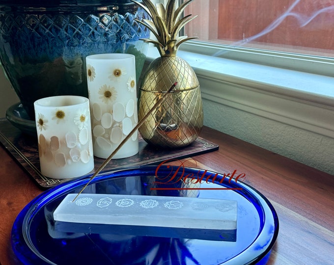 7 Chakra Carved Selenite Charging Plate/Incense Burner with Optional Chakra Stones