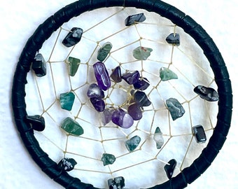 Virgo 4" Astrology Dreamcatcher-Black Deerskin with Amethyst, Moss Agate, and Snowflake Obsidian