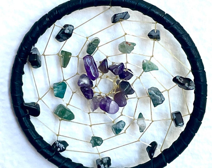 Virgo 4" Astrology Dreamcatcher-Black Deerskin with Amethyst, Moss Agate, and Snowflake Obsidian