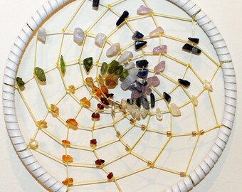 6" Rainbow Spiral Chakra Dreamcatcher - White Deerskin Dreamcatcher with Rainbow Semi Precious Stones and Peacock and White Feathers