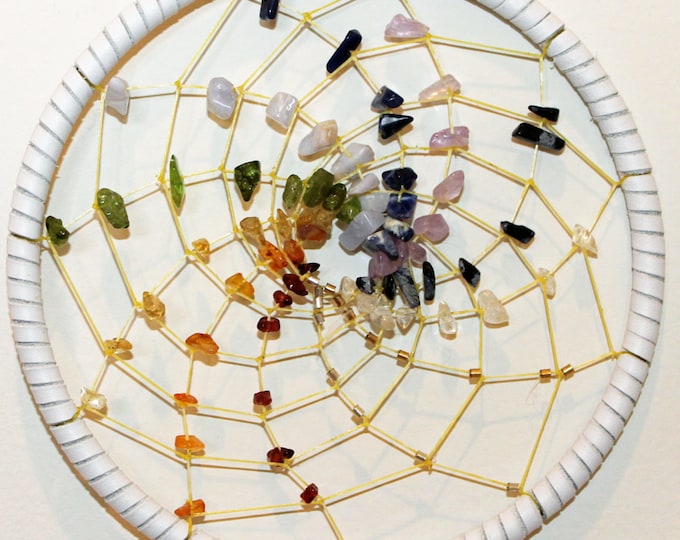 6" Rainbow Spiral Chakra Dreamcatcher - White Deerskin Dreamcatcher with Rainbow Semi Precious Stones and Peacock and White Feathers