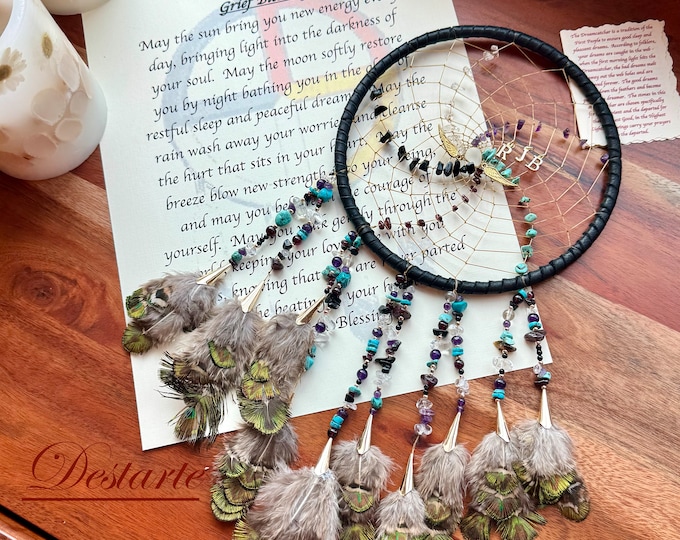 Memorial Personalized Spiral Dreamcatcher, Custom 6 inch with Crystals, Deerskin or Vegan Options, Optional Initials, Wings, or Charms
