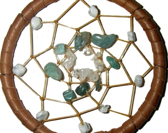 Gemini 4" Astrology Dreamcatcher with Saddle Deerskin, African Jade, Howlite & Clear Quartz with Optional Gold or Silver plated Gemini charm