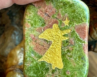 Angel with Star Comfort Stone: Engraved Gemstone Worry Stone, Embossed Power Animal Pocket Altar