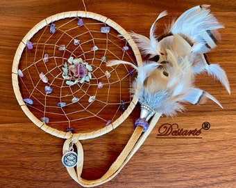 Pisces Dreamcatcher (6 inch): Deerskin, Amethyst, Fluorite, Aquamarine, Zuni Bear, Zodiac Charm