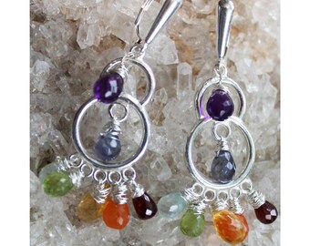Chakra Chandelier Earrings, Rainbow Gemstones Earrings, Silver Chandelier Earrings, Genuine Wire Wrapped Gemstones