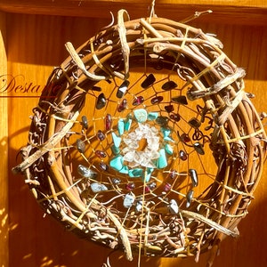 Eagle Warrior 4&quot; Grapevine Dreamcatcher with Snowflake Obsidian, Garnet, Turquoise, Quartz with Zuni Bear and &quot;Eagle&quot; Feather