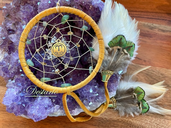Aries Astrology Dreamcatcher (4 inch): Deerskin, Gemstones, Feathers - Aries Gift