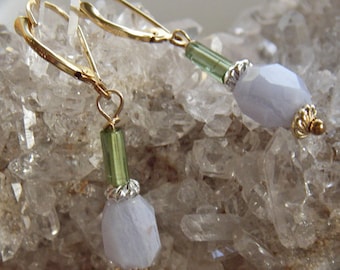 PEACE 5th Chakra Earrings with Gold, Silver, Blue Lace Agate, Green Tourmaline-Calming Earrings, Peace Earrings, 5th Chakra Earrings