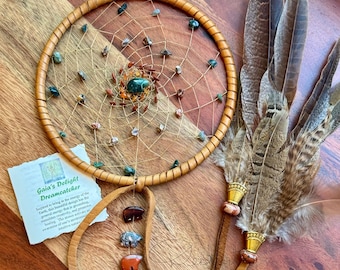 Gaia's Delight 6 inch Dreamcatcher with Carnelian, Leopard Jasper, Moss Agate and Red Jasper with Pheasant feathers and Zuni Bears