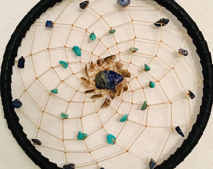 Sagittarius 5 inch Astrology Dreamcatcher with Black Deerskin, Lapis Lazuli, Turquoise, Smoky Quartz and Zuni Bear with Vegan Options