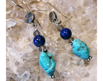 Sagittarius Astrology Earrings, Sterling Silver with Lapis Lazuli, Turquoise, and Smokey Quartz