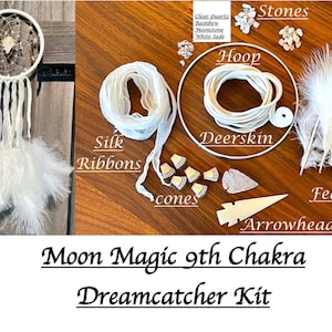 Moon Magic DIY Crystal Dreamcatcher Kit: White Deerskin, Silk Ribbons, Gemstones, Feathers (6 inch)