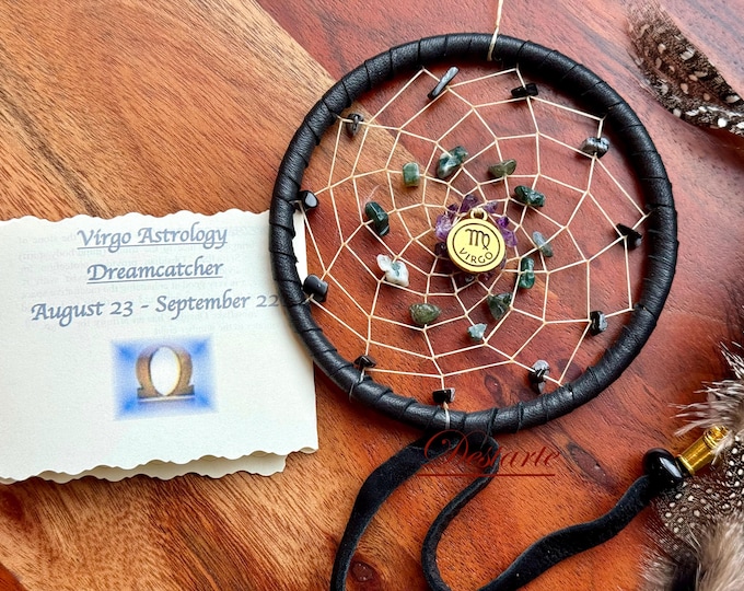 Virgo Dreamcatcher: Black Deerskin, Amethyst, Moss Agate, Snowflake Obsidian