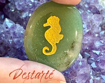Sea Horse Totem Stone: Engraved Gemstone Worry Stone, Gold Embossed Power Animal Pocket Altar