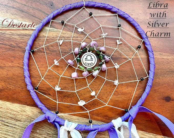 Libra 5 inch Astrology Dreamcatcher with Lepidolite, Green and Black Tourmaline, Clear Quartz with optional Libra Charm and Vegan Options