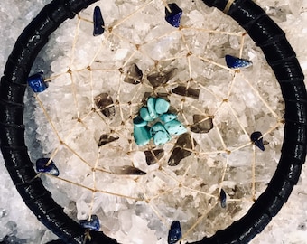Sagittarius 4" Astrology Dreamcatcher with Black Deerskin, Turquoise, Smokey Quartz and Lapis Lazuli Stones
