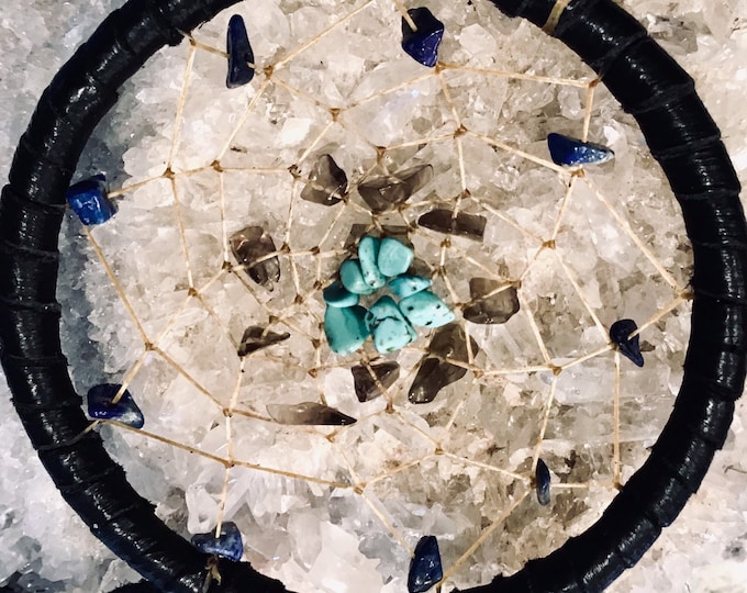 Sagittarius 4" Astrology Dreamcatcher with Black Deerskin, Turquoise, Smokey Quartz and Lapis Lazuli Stones