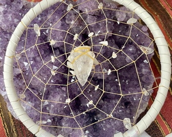 Moon Magic™ 5" All White Dreamcatcher, 9th Chakra Dreamcatcher with Clear Quartz stones and Arrowhead, Rainbow Moonstone, and Snow Quartz