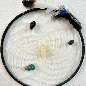 Eagle Warrior 9 inch Dreamcatcher, Black Dreamcatcher with Garnet, Turquoise, Snowflake Obsidian and Quartz with “Eagle” Feathers