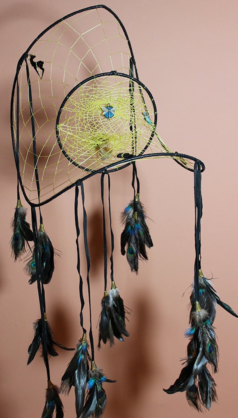 Custom Large Multi-dimentional Dreamcatcher with Crystals and Power Animal, Made to order extra large Dreamcatcher, Totally Customized black deerskin