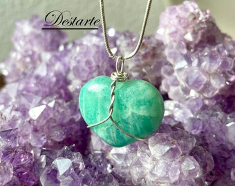 Vivid Amazonite Puffed Heart Sterling Pendant, Heart Chakra Stone Pendant, Sterling Wire Wrapped Heart Pendant