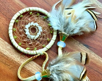 Scorpio 4" Astrology Dreamcatcher with Deerskin, Rhodochrosite, Peridot, and Rainbow Moonstone, with Optional Scorpio Charm and Vegan Option