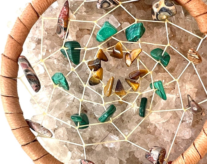 Capricorn 4" Astrology Dreamcatcher with Brown Deerskin, Leopard Jasper, Malachite, and Tiger’s Eye with natural feathers