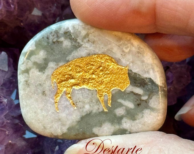 Buffalo/Bison/Tatonka Totem Stone: Engraved Gemstone Worry Stone, Embossed Power Animal Pocket Altar