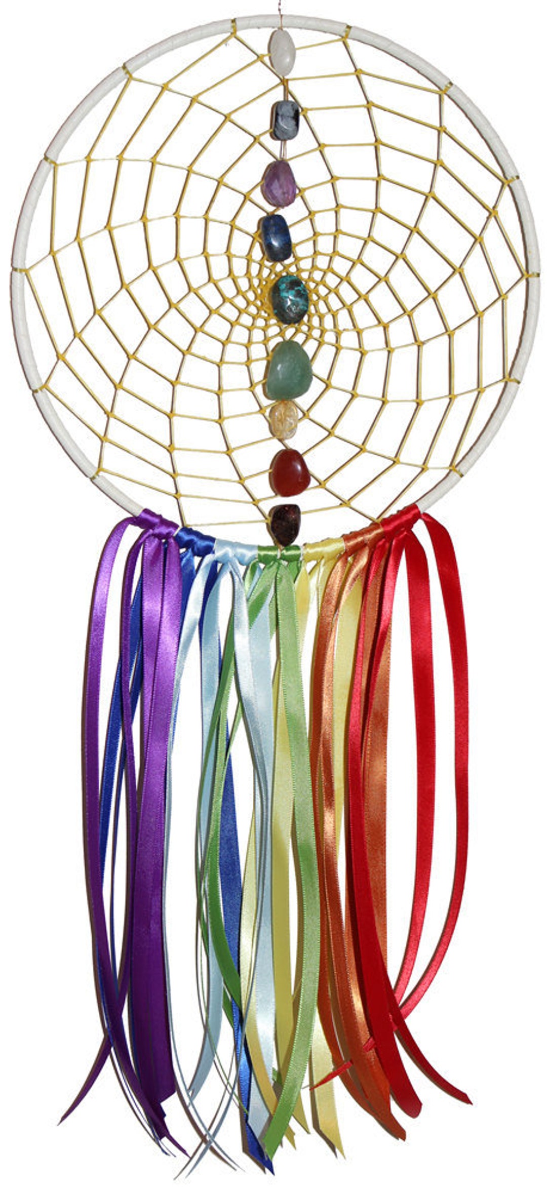 Chakra Dreamcatcher (9 Inch): Deerskin, Rainbow Ribbon, Large Gemstones ...