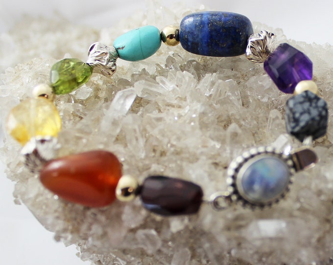 Rainbow Nugget Chakra Bracelet with Sterling Silver and Gold with Semi Precious Stones with optional Sterling Silver Ohm Charm