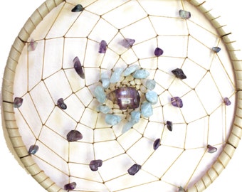 Pisces 6 inch Astrology Dreamcatcher with Amethyst, Fluorite, and Aquamarine with Vegan Options and Zodiac Charm