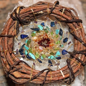 Mini Grapevine Chakra Dreamcatcher with genuine semi precious rainbow stones and peacock feathers
