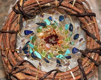 Mini Grapevine Chakra Dreamcatcher with genuine semi precious rainbow stones and peacock feathers