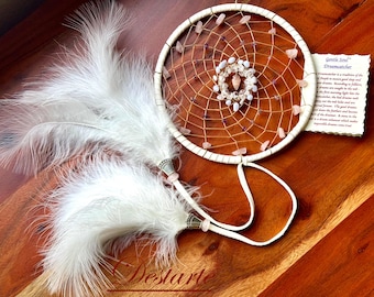 Calming White Dreamcatcher(6 inch): Deerskin, Rose Quartz, Amethyst, Blue Lace Agate, Feathers - Gentle Soul