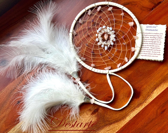 Calming White Dreamcatcher(6 inch): Deerskin, Rose Quartz, Amethyst, Blue Lace Agate, Feathers - Gentle Soul