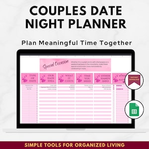 May include: A digital couples date night planner displayed on a laptop screen. The planner features pink accents and sections for date ideas, costs, and time needed. The text "Couples Date Night Planner" is at the top.