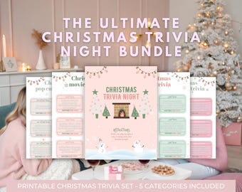 May include: A printable Christmas trivia game bundle in pink and green. The central card features a Christmas tree and fireplace design. The text reads "THE ULTIMATE CHRISTMAS TRIVIA NIGHT BUNDLE". Includes 5 categories.