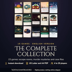Könnte beinhalten: Eine Sammlung von 15 druckbaren Spieldateien mit Escape Rooms, Mordrätseln und Fallakten. Der Text lautet 15 GAMES ENGLISH VERSION THE COMPLETE COLLECTION 15 games: escape rooms, murder mysteries and case files.