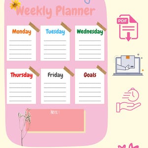May include: A pink digital weekly planner with sections for each day, Monday to Goals. The planner includes a note section and decorative elements like a flower and hearts. The text "Weekly Planner" is at the top.