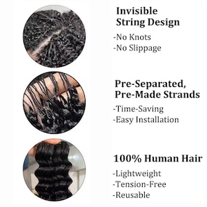 May include: Black wavy hair extensions featuring an invisible string design with no knots or slippage. The product consists of pre-separated, pre-made strands for easy installation and is made of 100% human hair that is lightweight, tension-free, and reusable.