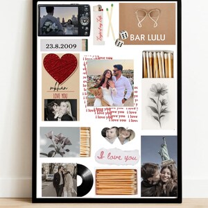 Puede incluir: Un collage enmarcado con varias fotos, texto y objetos. Incluye una foto de una pareja, un corazón, el texto "I love you" y la fecha "23.8.2009". Otros elementos son cerillas, dados y un encendedor.