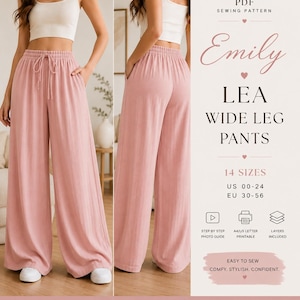 May include: A pair of light pink wide-leg pants with a drawstring waist. The pants are shown on a model, paired with a white crop top. The image also includes text that says "Emily Lea Wide Leg Pants" and "14 Sizes US 00-24 EU 30-56".