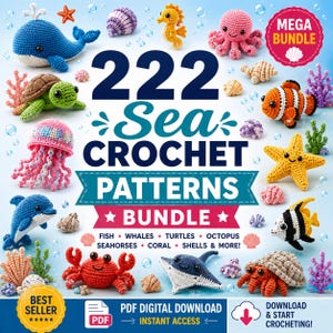 Peut inclure: Un ensemble numérique de 222 modèles de crochet sur le thème de la mer, incluant des créatures amigurumi comme une baleine bleue, une tortue verte, une méduse rose, un hippocampe orange, un crabe rouge, une raie et un poisson-clown.