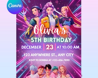 Editable Birthday Invitation| Anime Theme party| Anime Invite| kids Party| Hunter Invite| Canva Template | kpop demon |blue Birthday