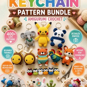 Puede incluir: Un paquete de patrones digitales para más de 400 llaveros de ganchillo amigurumi, con texto colorido e imágenes de varios animales tejidos como un ratón amarillo, panda, elefante, abeja, zorro y cactus, con iconos de descarga e instrucciones.