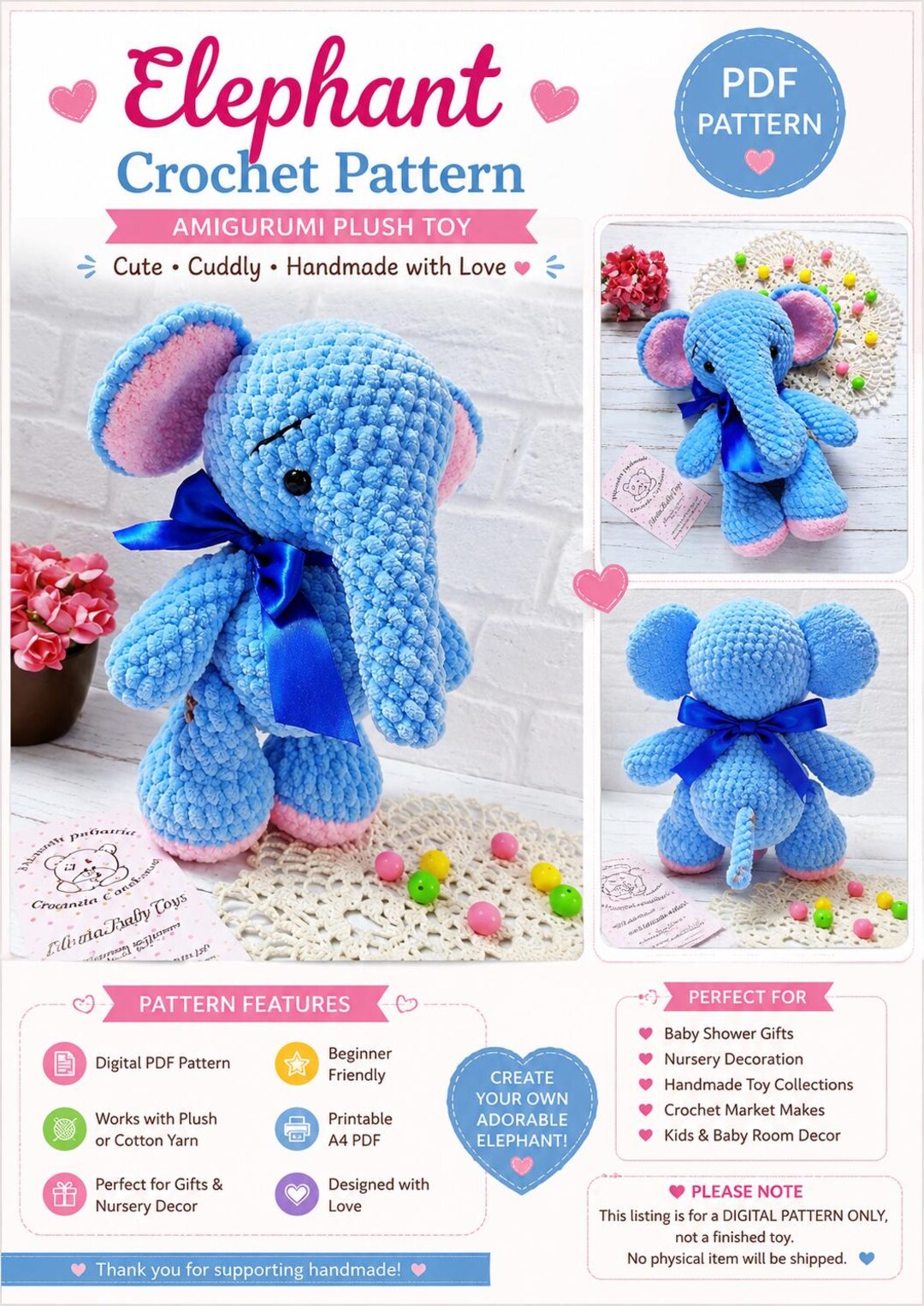 Elephant Crochet Pattern: Amigurumi Plush Toy PDF Tutorial |toy Pattern ...