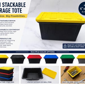 May include: A mini stackable storage tote with a black base and a yellow snap-fit lid. The tote measures approximately 4 inches by 2.5 inches. The design features a grid pattern on the lid and a rectangular shape, shown in various colors.