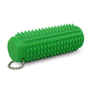May include: A bright green, cylindrical massage roller with a textured, spiky surface. The roller has a smooth, rounded end cap and a small metal ball chain attached. The product is designed for muscle relief and self-massage.